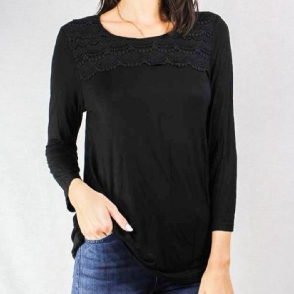Market & Spruce Black Long-Sleeve Top with Lace Yoke